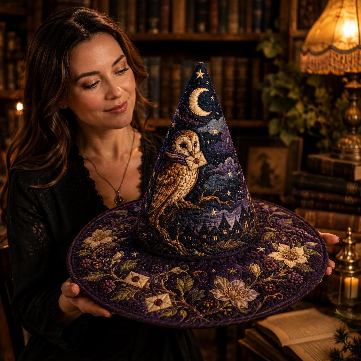 Quilted Witch Hat with Owl Moon Magic Fabric Decor and Handmade Gothic Fall Table Centerpiece for Halloween - photo 5