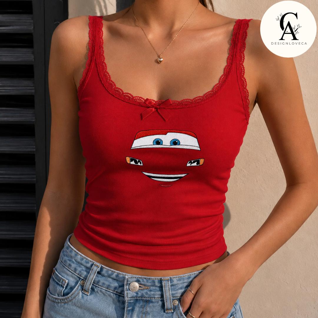 Embroidered Disney Cars Baby Tee Crop Tank with Lightning McQueen and Tow Mater – Cars Land Radiator Springs Lace Trim Tank Top Sweatshirt
