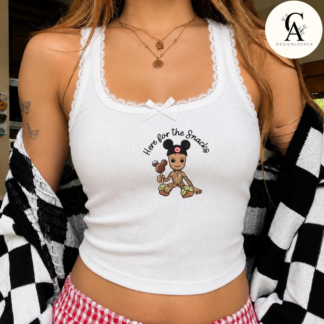 Embroidered Disney Snacks Baby Tee Crop Tank with Here for the Snacks – Epcot Snacking Around the World Team Lace Trim Tank Top
