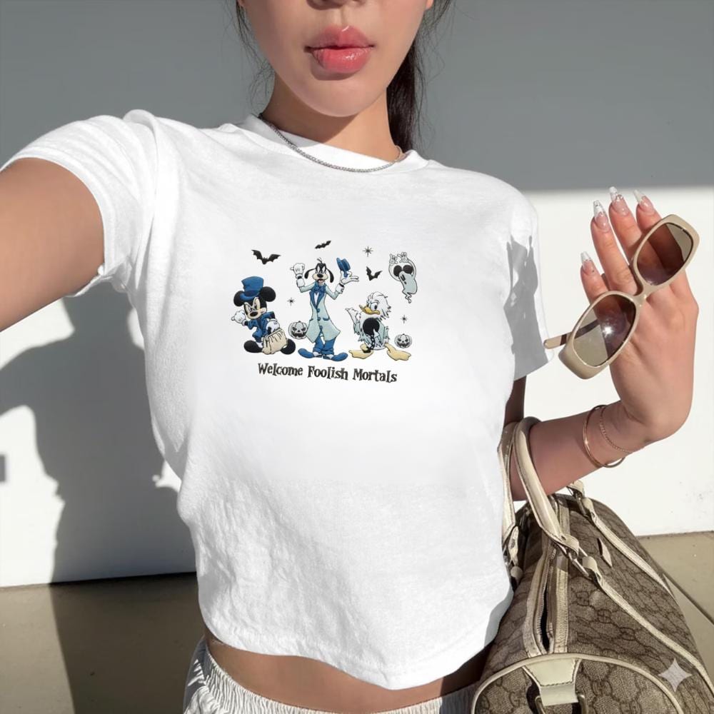 Embroidered Mickey and Friends Hitchhiking Ghosts Baby Tee with The Haunted Mansion – WDW Disneyland Halloween Shirt - photo 2