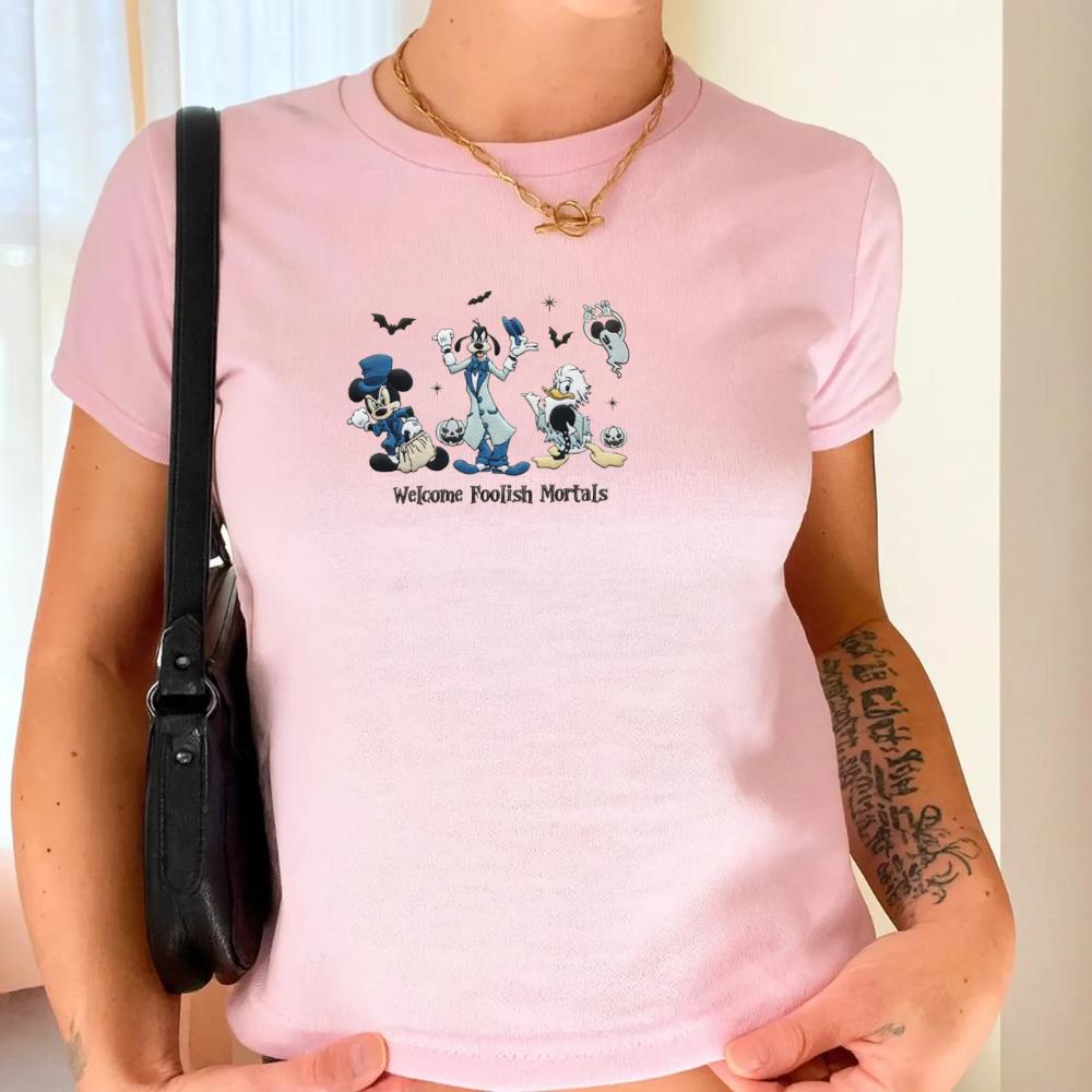 Embroidered Mickey and Friends Hitchhiking Ghosts Baby Tee with The Haunted Mansion – WDW Disneyland Halloween Shirt - photo 3