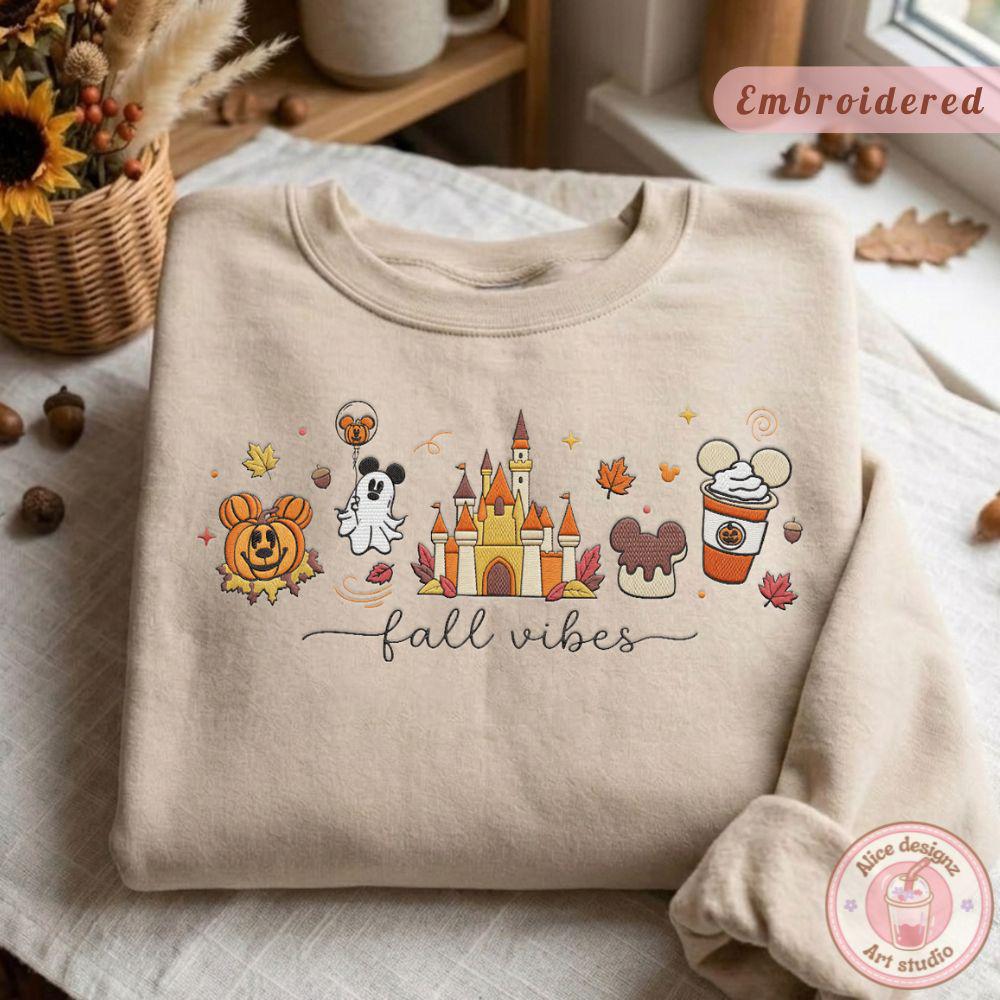 Embroidered Disney Fall Vibes Pumpkin Season T-Shirt Sweatshirt Hoodie with Autumn Castle and Mickey Ghost – Tis the Season Shirt