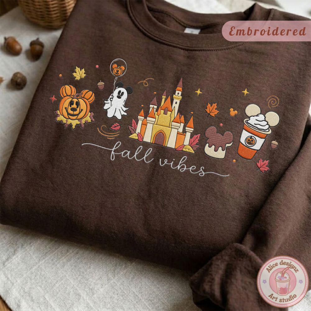 Embroidered Disney Fall Vibes Pumpkin Season T-Shirt Sweatshirt Hoodie with Autumn Castle and Mickey Ghost – Tis the Season Shirt - photo 2
