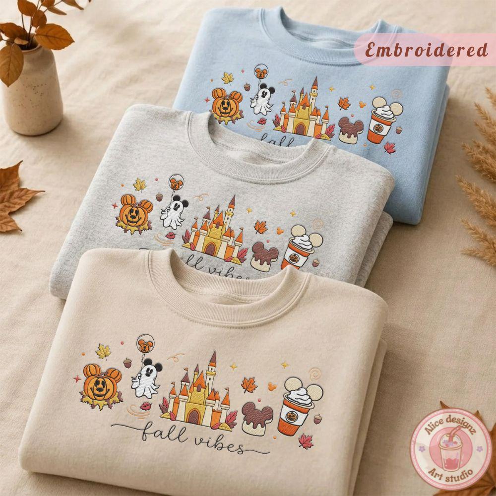 Embroidered Disney Fall Vibes Pumpkin Season T-Shirt Sweatshirt Hoodie with Autumn Castle and Mickey Ghost – Tis the Season Shirt - photo 3