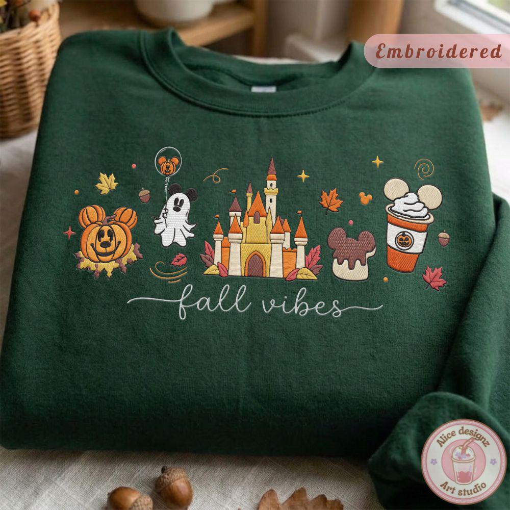 Embroidered Disney Fall Vibes Pumpkin Season T-Shirt Sweatshirt Hoodie with Autumn Castle and Mickey Ghost – Tis the Season Shirt - photo 4