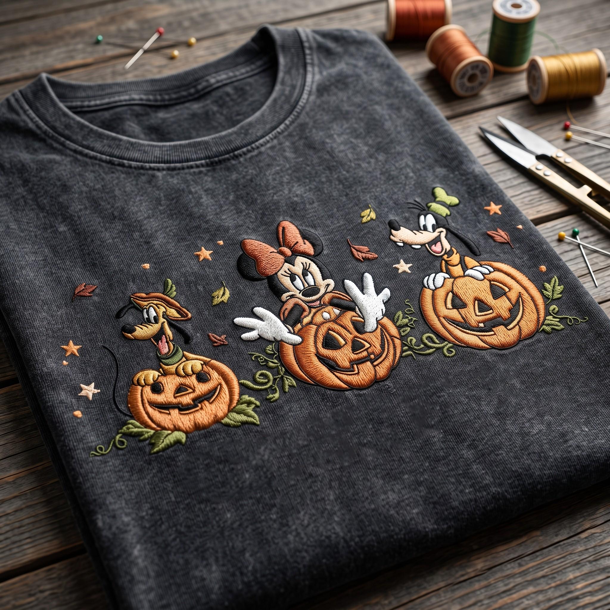 Embroidered Minnie Pluto and Goofy Pumpkin Washed Tee for Spooky Disney Halloween – Disneyland Vacation Park Friends Outfit Shirt