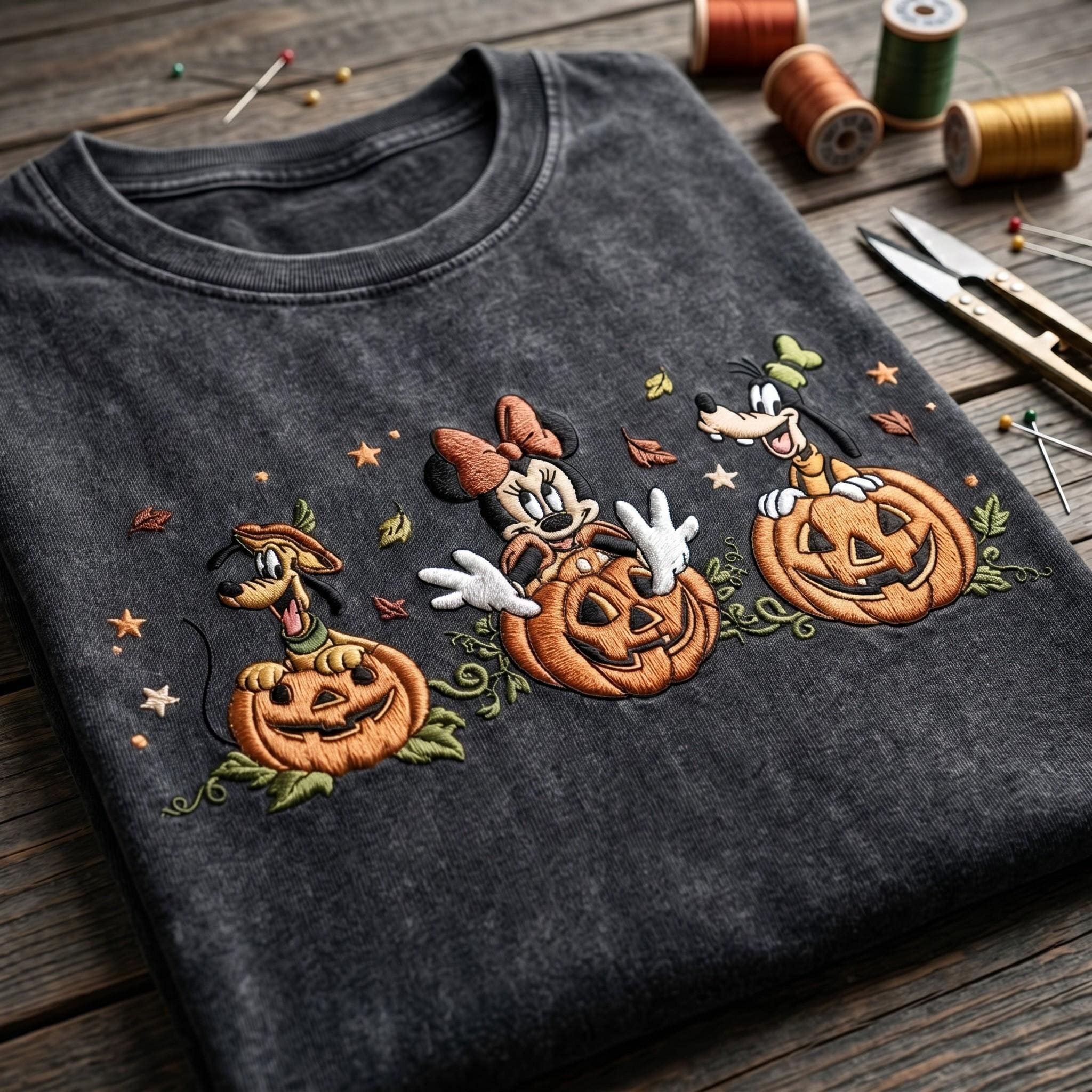 Embroidered Minnie Pluto and Goofy Pumpkin Washed Tee for Spooky Disney Halloween – Disneyland Vacation Park Friends Outfit Shirt - photo 2