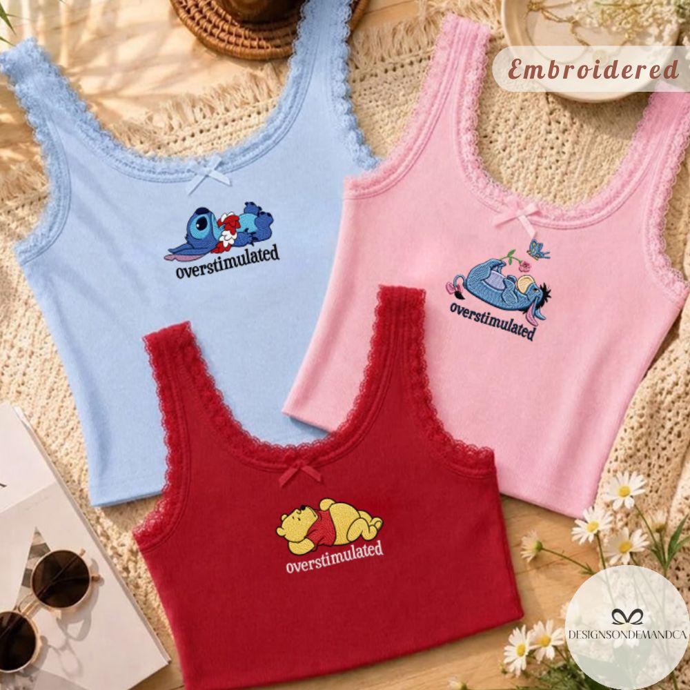 Embroidered Overstimulated Lilo and Stitch Pooh Eeyore Shirt for Disney Mental Health Anxiety – Lace Trim Tank Top Baby Tee