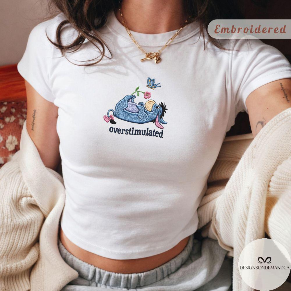 Embroidered Overstimulated Lilo and Stitch Pooh Eeyore Shirt for Disney Mental Health Anxiety – Lace Trim Tank Top Baby Tee - photo 4