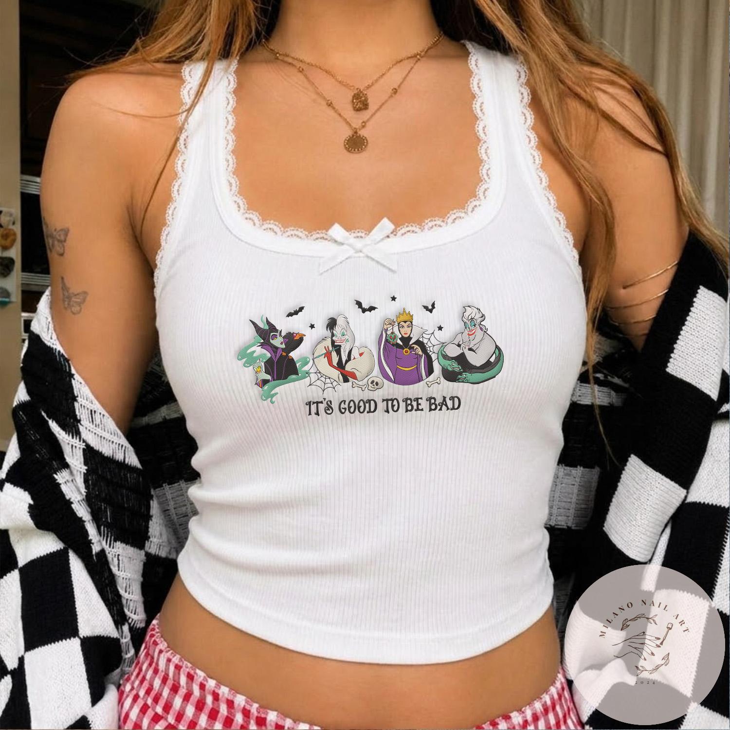 Embroidered Disney Villains It's Good to Be Bad T-Shirt Sweatshirt with Maleficent Evil Queen Ursula Cruella – Girl Trip Baby Tee Crop Tank