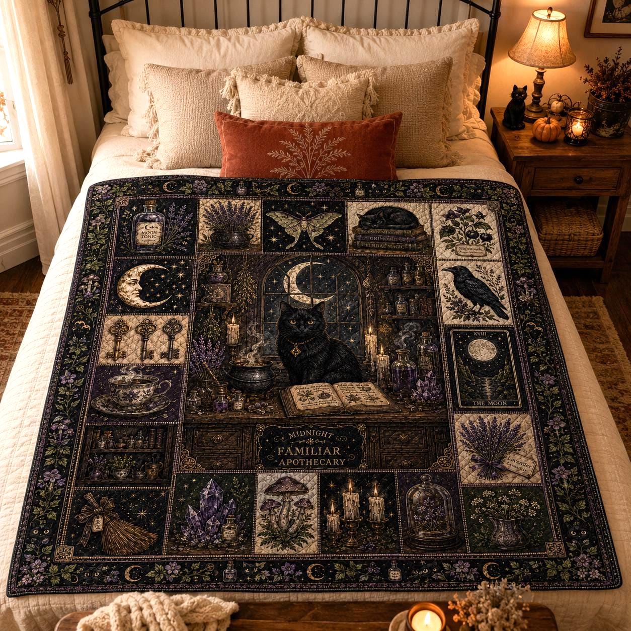Quilt Blanket with Black Cat Halloween Vintage Witch Apothecary Bedding for Gothic Botanical Patchwork Throw and Witchcore Home Decor Gift