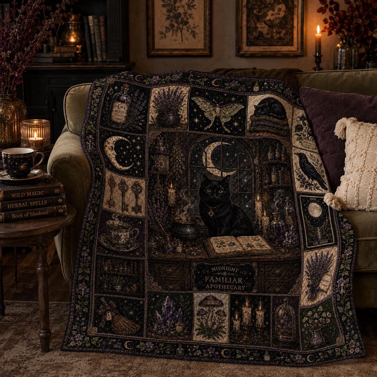 Quilt Blanket with Black Cat Halloween Vintage Witch Apothecary Bedding for Gothic Botanical Patchwork Throw and Witchcore Home Decor Gift - photo 2