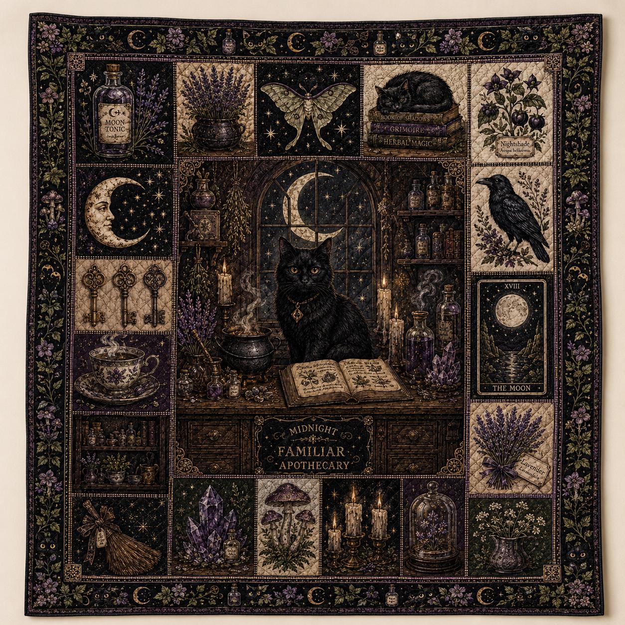 Quilt Blanket with Black Cat Halloween Vintage Witch Apothecary Bedding for Gothic Botanical Patchwork Throw and Witchcore Home Decor Gift - photo 3