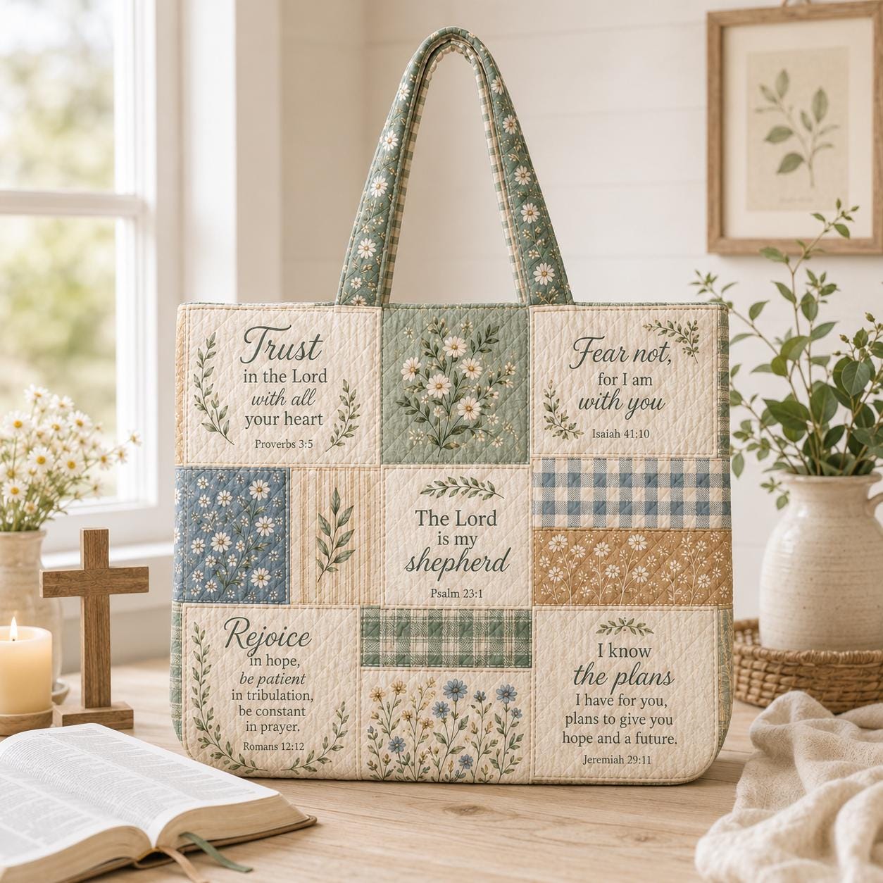 Christian Bible Verse Scripture Patchwork Quilted Style Tote Bag – Church Bible Study Book Shoulder Bag and Faith Gift for Women