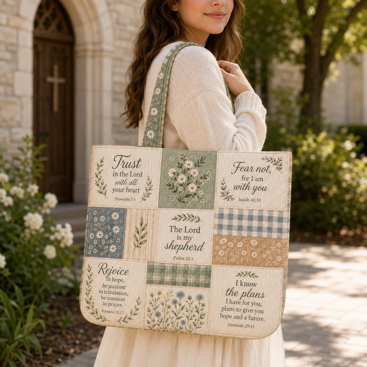 Christian Bible Verse Scripture Patchwork Quilted Style Tote Bag – Church Bible Study Book Shoulder Bag and Faith Gift for Women - photo 2