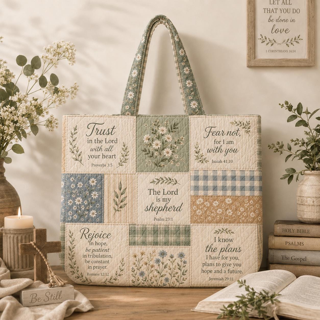 Christian Bible Verse Scripture Patchwork Quilted Style Tote Bag – Church Bible Study Book Shoulder Bag and Faith Gift for Women - photo 5