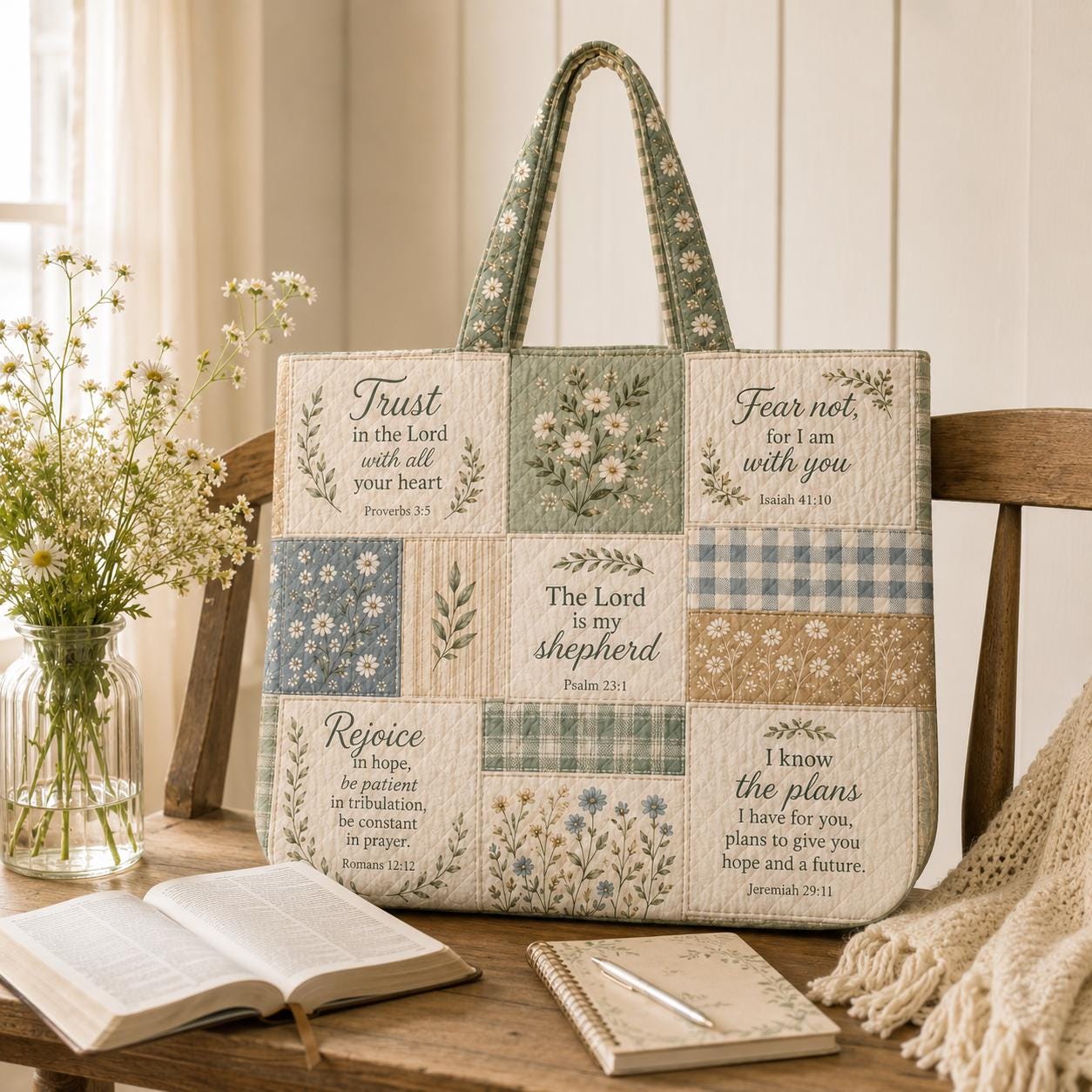 Christian Bible Verse Scripture Patchwork Quilted Style Tote Bag – Church Bible Study Book Shoulder Bag and Faith Gift for Women - photo 6