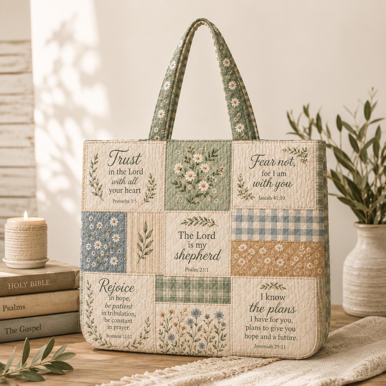 Christian Bible Verse Scripture Patchwork Quilted Style Tote Bag – Church Bible Study Book Shoulder Bag and Faith Gift for Women - photo 7