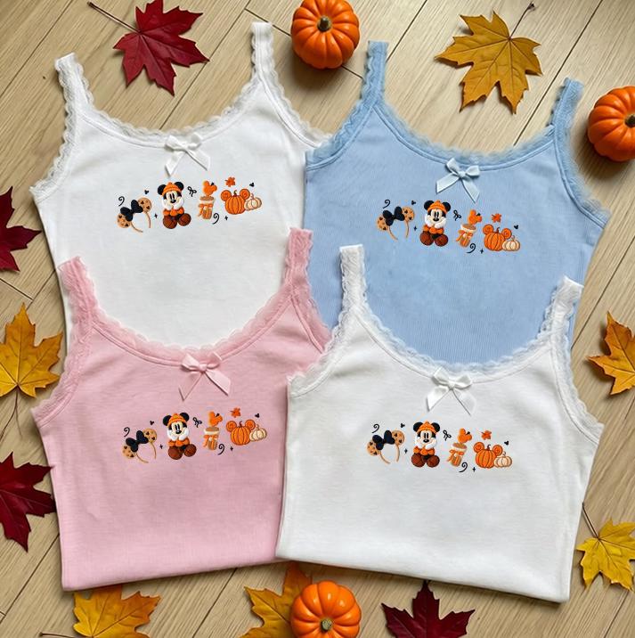 Embroidered Disney Fall Vibes Halloween Lace Trim Top with Tis the Season Mickey Pumpkin – WDW Disneyland Autumn Trip Baby Tee Crop Tank - photo 2