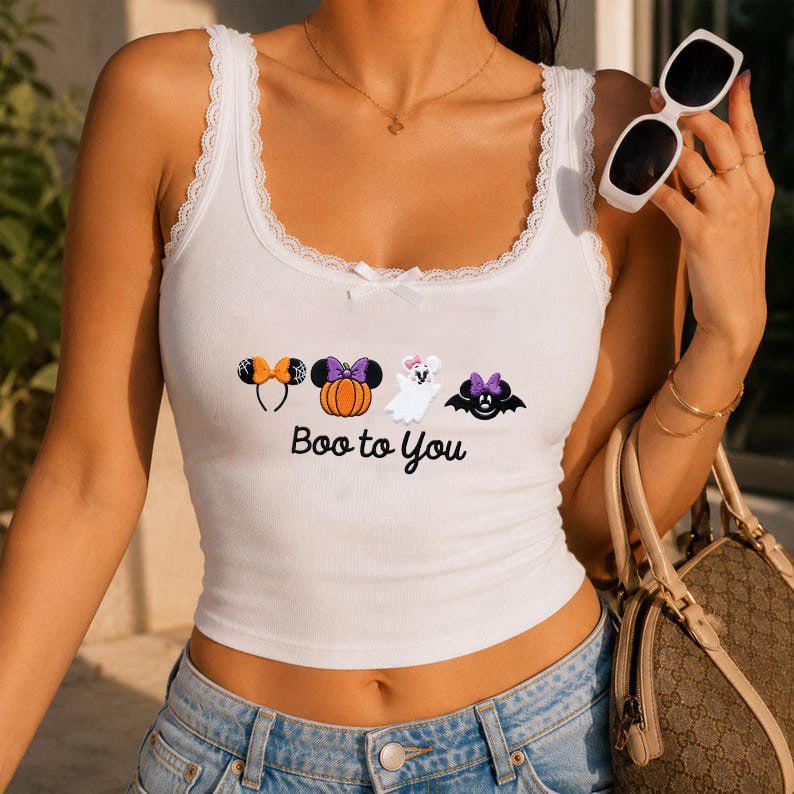 Embroidered Mickey and Minnie Boo to You Lace Trim Tank Top with Disney Halloween Pumpkin Ghost – WDW Disneyland Party Baby Tee Crop Tank