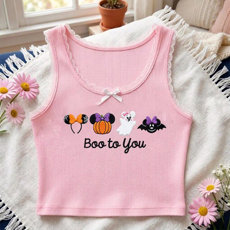 Embroidered Mickey and Minnie Boo to You Lace Trim Tank Top with Disney Halloween Pumpkin Ghost – WDW Disneyland Party Baby Tee Crop Tank - photo 2