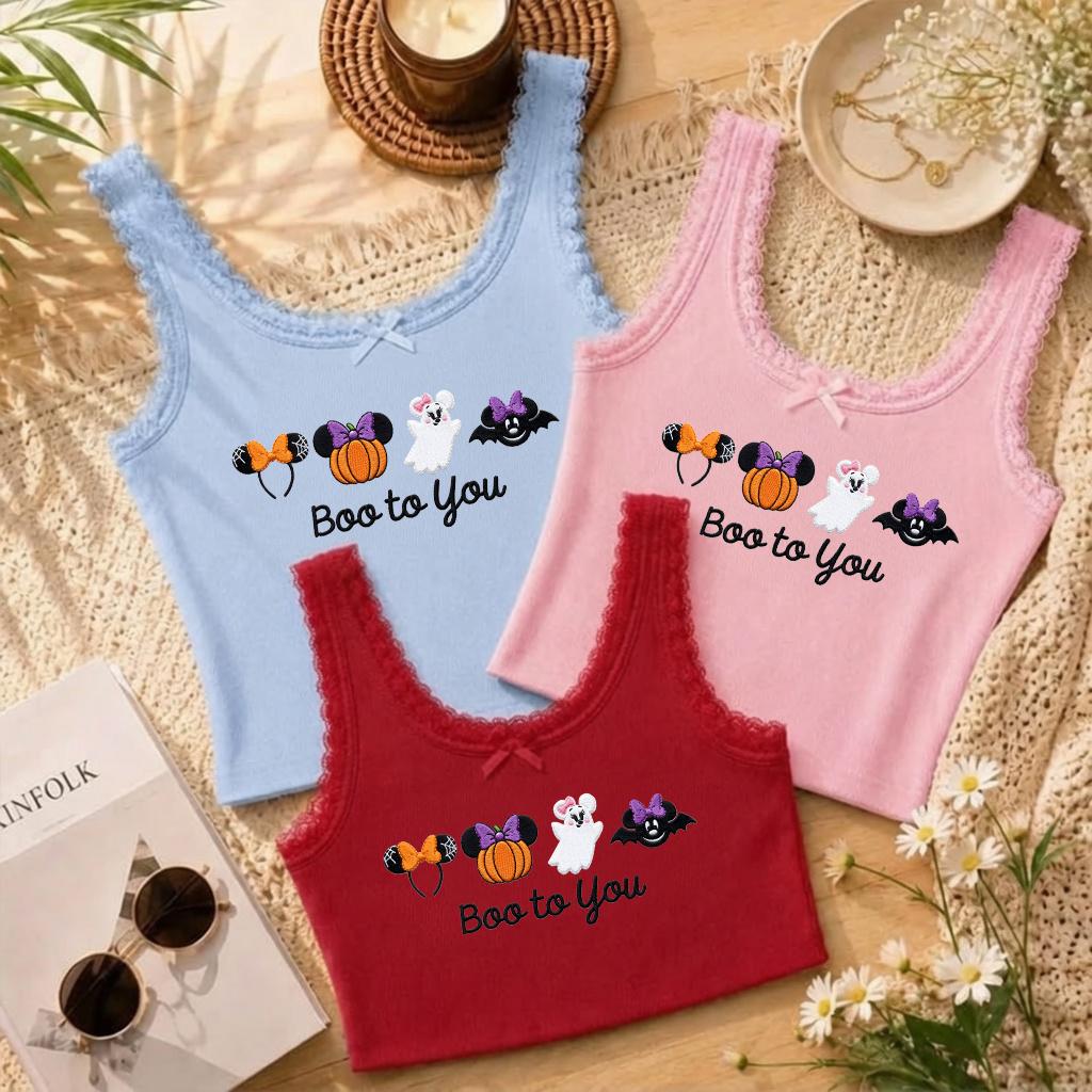 Embroidered Mickey and Minnie Boo to You Lace Trim Tank Top with Disney Halloween Pumpkin Ghost – WDW Disneyland Party Baby Tee Crop Tank - photo 3
