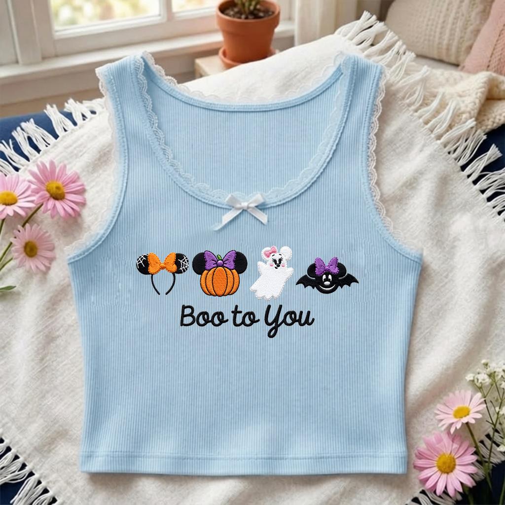 Embroidered Mickey and Minnie Boo to You Lace Trim Tank Top with Disney Halloween Pumpkin Ghost – WDW Disneyland Party Baby Tee Crop Tank - photo 4