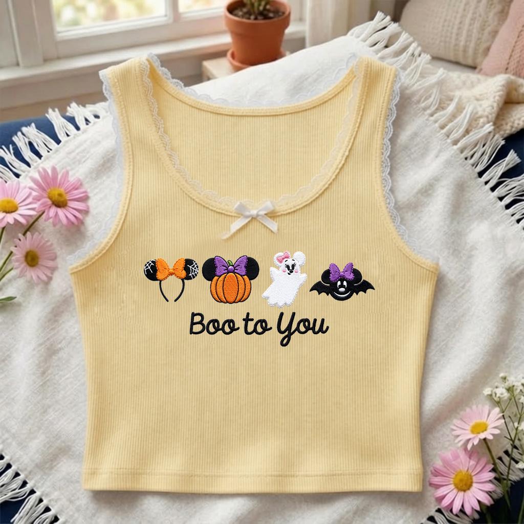 Embroidered Mickey and Minnie Boo to You Lace Trim Tank Top with Disney Halloween Pumpkin Ghost – WDW Disneyland Party Baby Tee Crop Tank - photo 5
