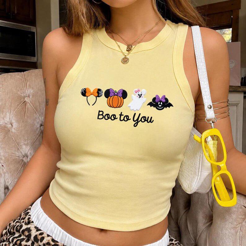 Embroidered Mickey and Minnie Boo to You Lace Trim Tank Top with Disney Halloween Pumpkin Ghost – WDW Disneyland Party Baby Tee Crop Tank - photo 6