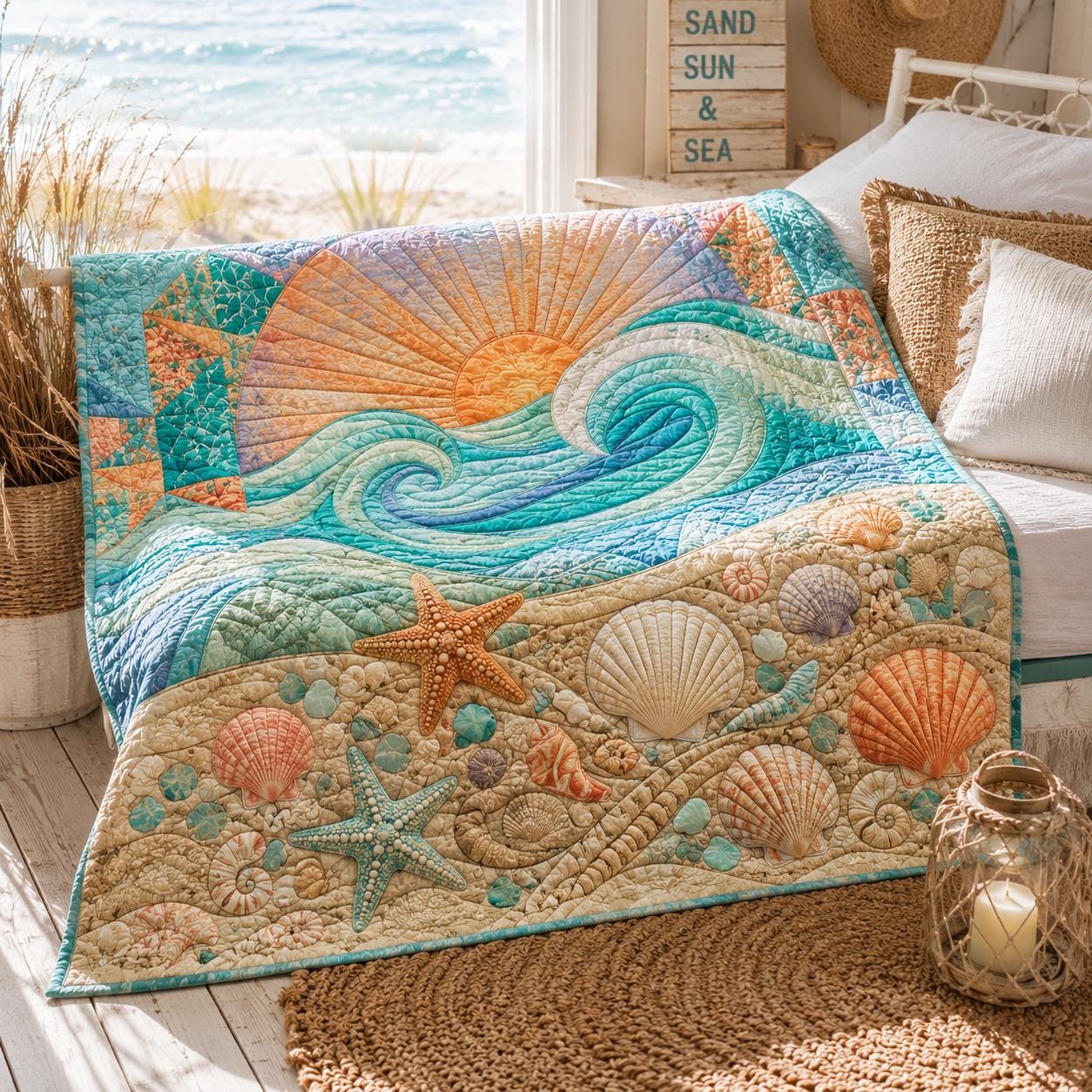 Coastal Ocean Wave Seashell and Starfish Quilted Style Blanket – Nautical Summer Throw for Beach House Decor and Gift