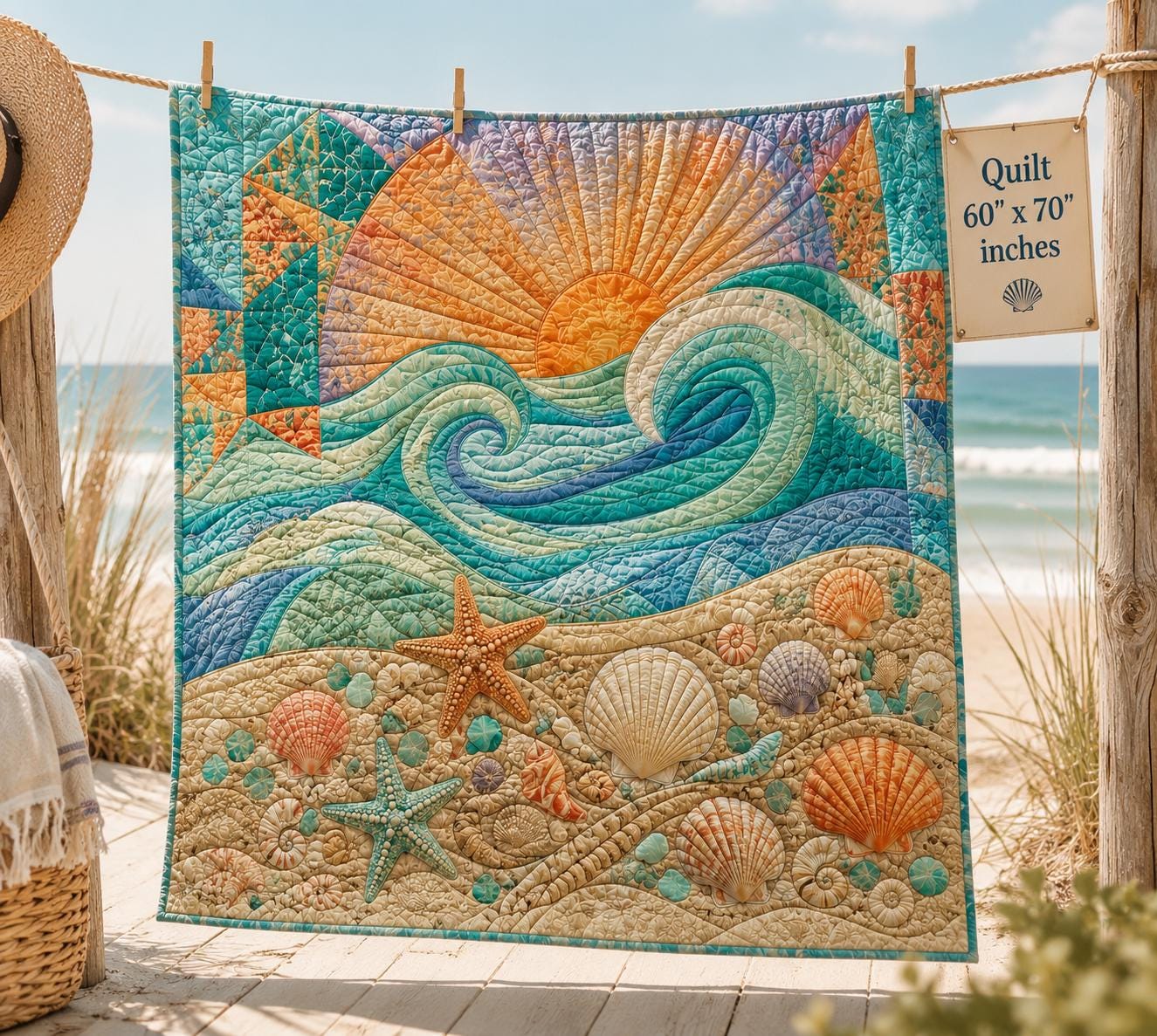 Coastal Ocean Wave Seashell and Starfish Quilted Style Blanket – Nautical Summer Throw for Beach House Decor and Gift - photo 2