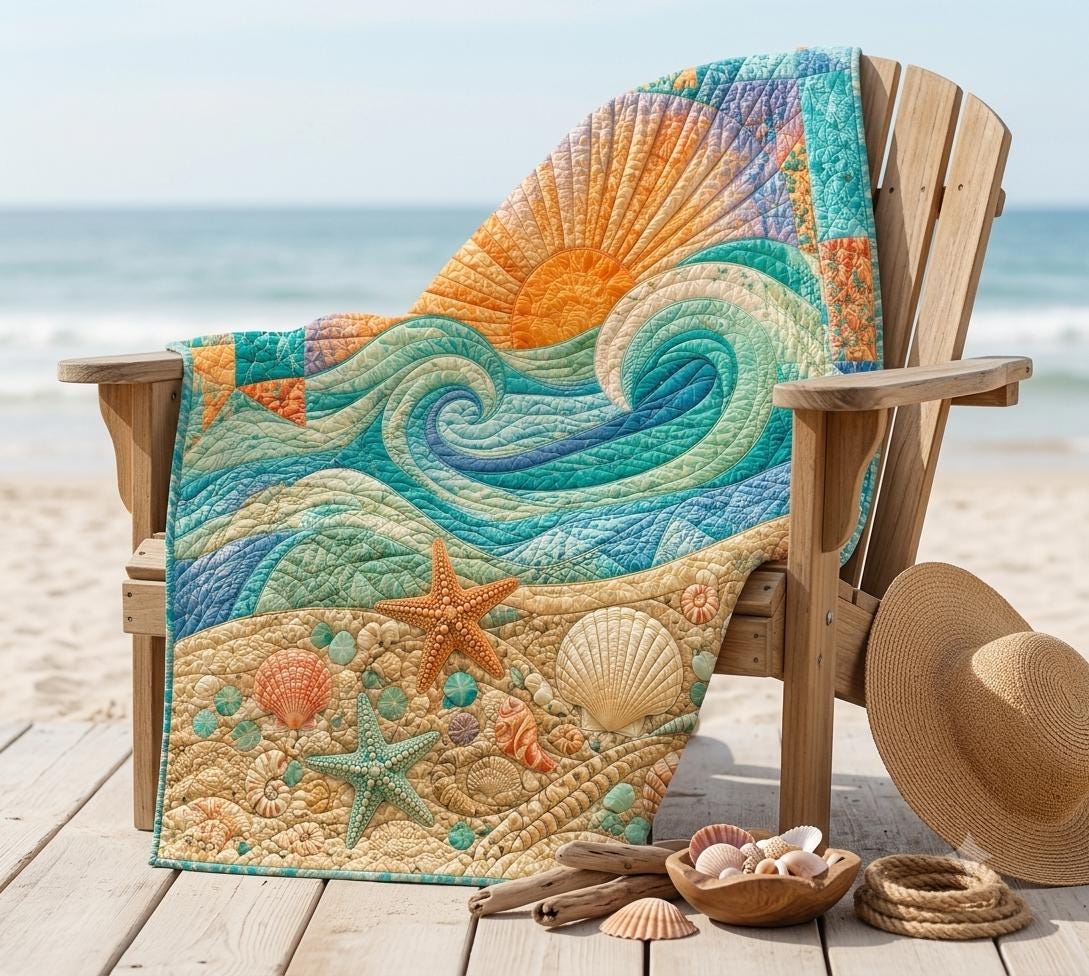 Coastal Ocean Wave Seashell and Starfish Quilted Style Blanket – Nautical Summer Throw for Beach House Decor and Gift - photo 3