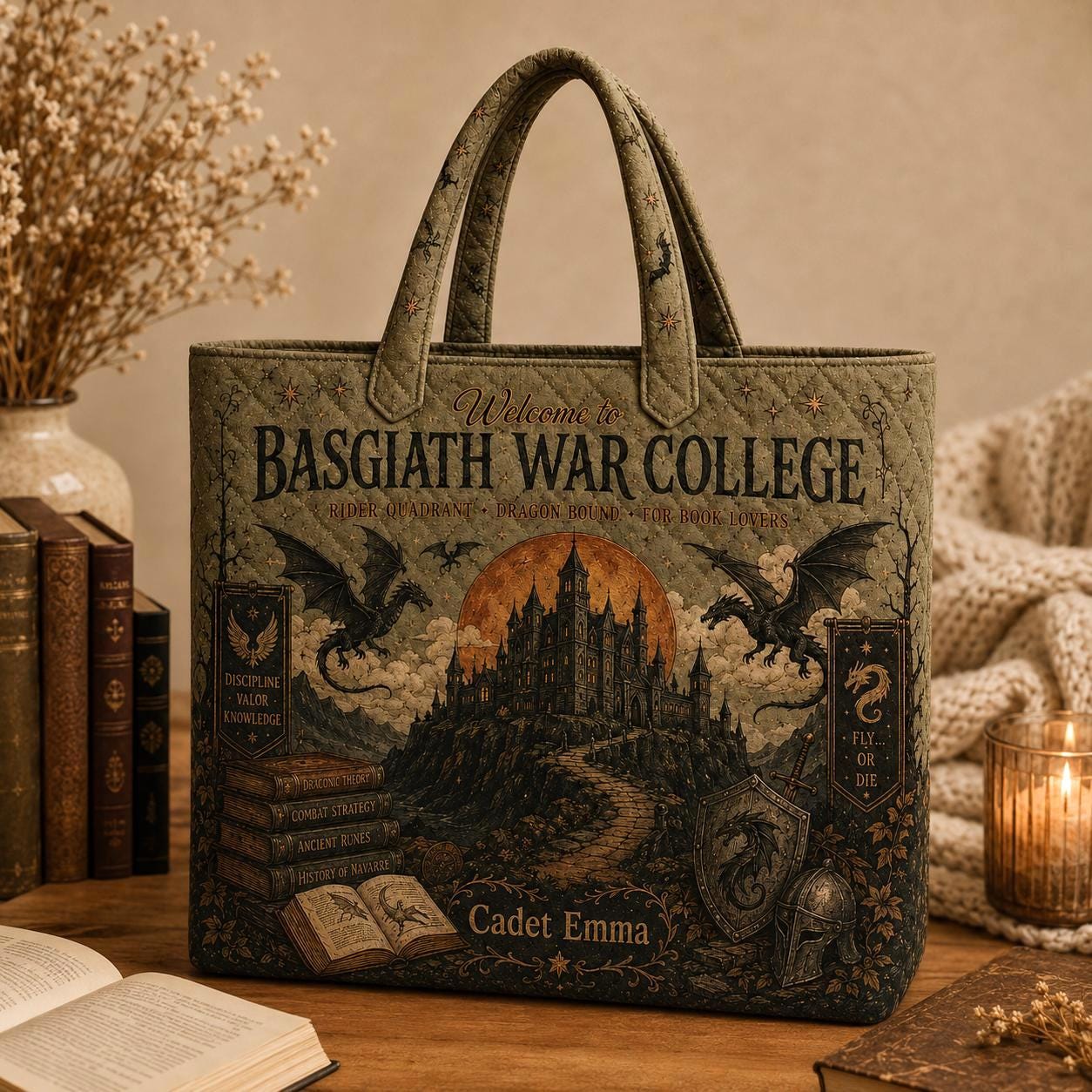 Personalized Basgiath War College Quilted Style Tote Bag with Custom Name – Fantasy Dragon Rider Reader Library Bag Book Lover Gift