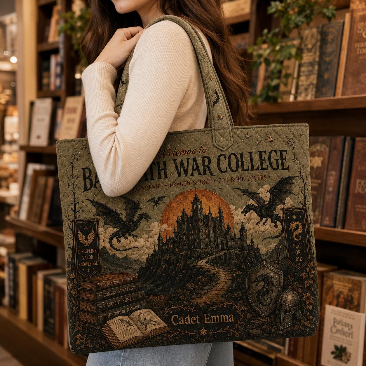 Personalized Basgiath War College Quilted Style Tote Bag with Custom Name – Fantasy Dragon Rider Reader Library Bag Book Lover Gift - photo 2