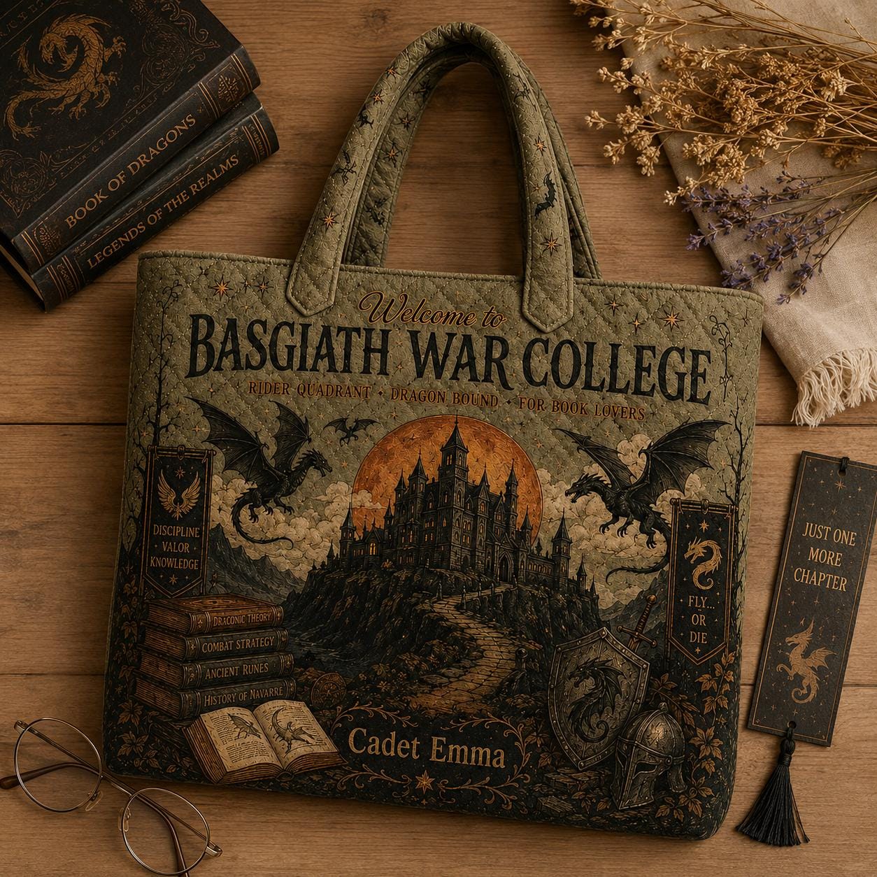 Personalized Basgiath War College Quilted Style Tote Bag with Custom Name – Fantasy Dragon Rider Reader Library Bag Book Lover Gift - photo 3