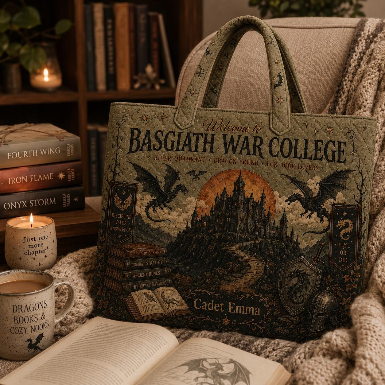 Personalized Basgiath War College Quilted Style Tote Bag with Custom Name – Fantasy Dragon Rider Reader Library Bag Book Lover Gift - photo 5
