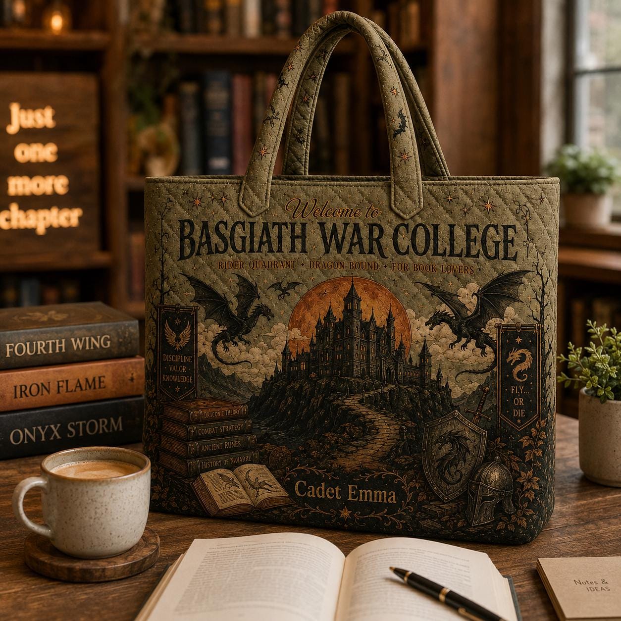 Personalized Basgiath War College Quilted Style Tote Bag with Custom Name – Fantasy Dragon Rider Reader Library Bag Book Lover Gift - photo 6
