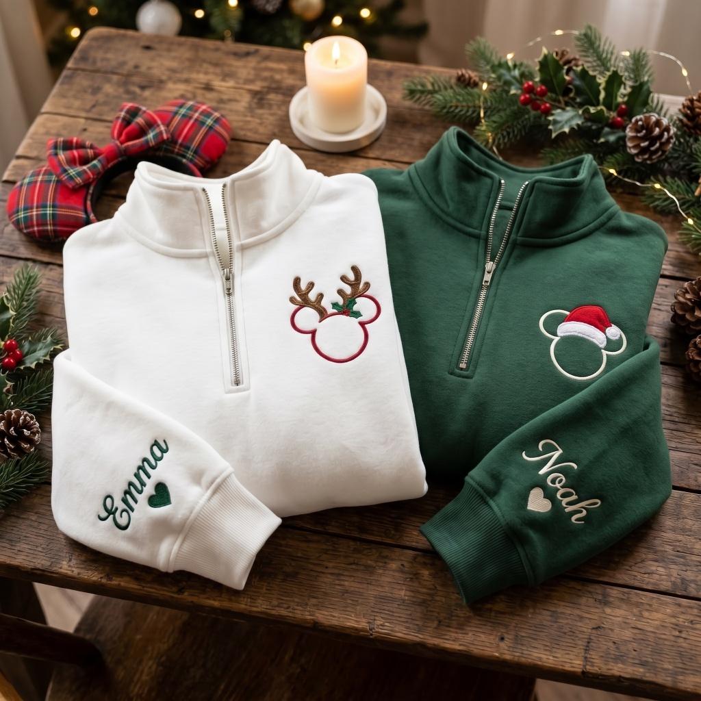 Embroidered Mickey and Minnie Christmas Quarter Zip Sweatshirt with Christmas Lights – Disneyland Disney Couple Christmas Shirt