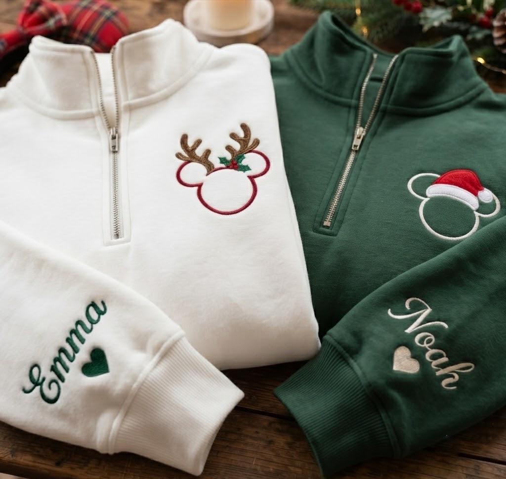 Embroidered Mickey and Minnie Christmas Quarter Zip Sweatshirt with Christmas Lights – Disneyland Disney Couple Christmas Shirt - photo 2