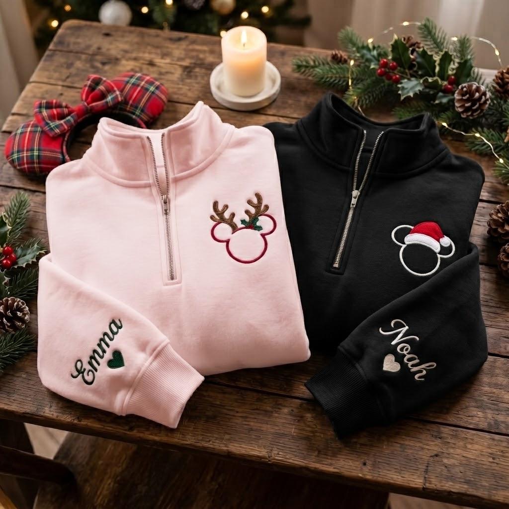 Embroidered Mickey and Minnie Christmas Quarter Zip Sweatshirt with Christmas Lights – Disneyland Disney Couple Christmas Shirt - photo 3
