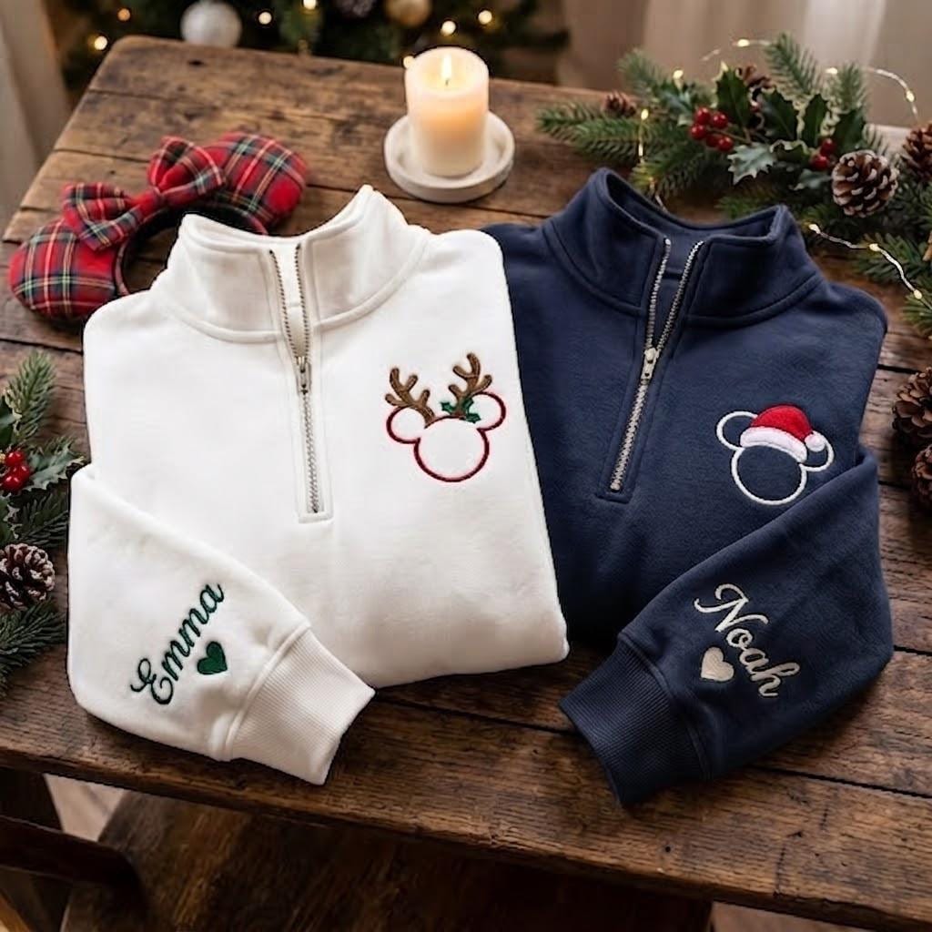 Embroidered Mickey and Minnie Christmas Quarter Zip Sweatshirt with Christmas Lights – Disneyland Disney Couple Christmas Shirt - photo 4