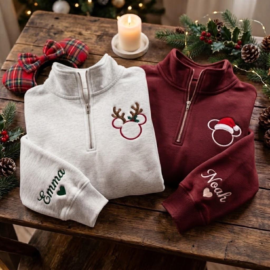 Embroidered Mickey and Minnie Christmas Quarter Zip Sweatshirt with Christmas Lights – Disneyland Disney Couple Christmas Shirt - photo 5