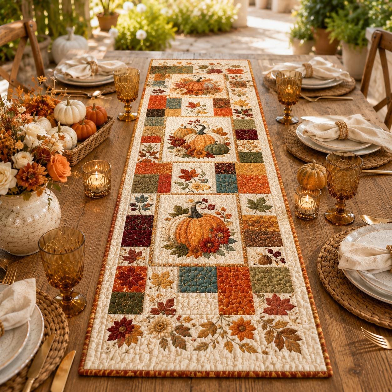 Quilted Style Table Runner for Thanksgiving – Rustic Farmhouse Home Decorating and Spooky Autumn Pumpkin Decor