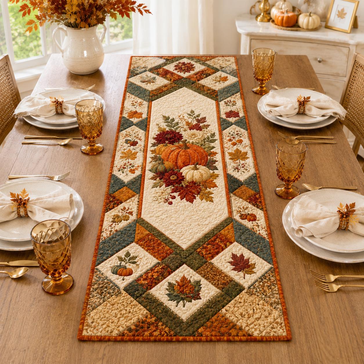 Quilted Style Table Runner for Thanksgiving – Rustic Farmhouse Home Decorating and Spooky Autumn Pumpkin Decor - photo 2
