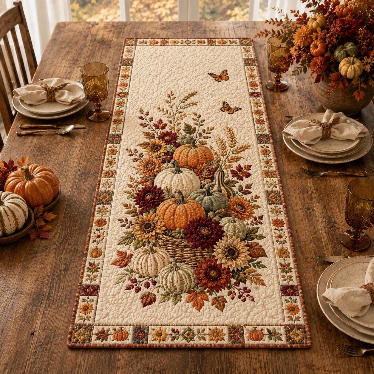 Quilted Style Table Runner for Thanksgiving – Rustic Farmhouse Home Decorating and Spooky Autumn Pumpkin Decor - photo 3
