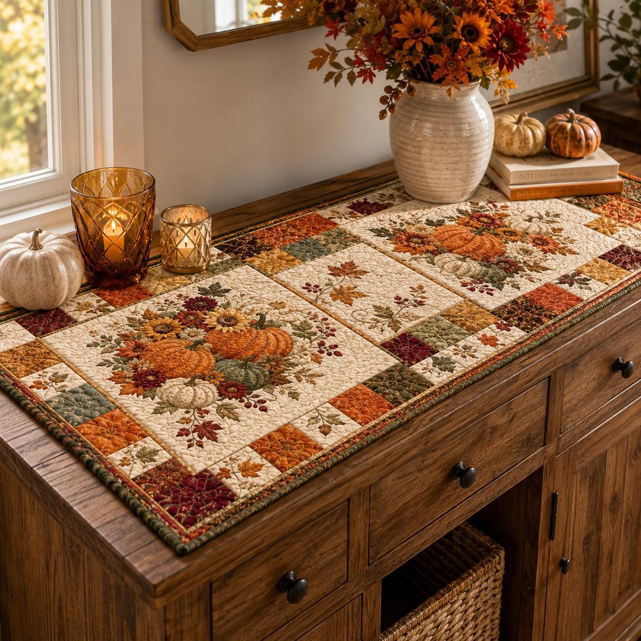 Quilted Style Table Runner for Thanksgiving – Rustic Farmhouse Home Decorating and Spooky Autumn Pumpkin Decor - photo 8