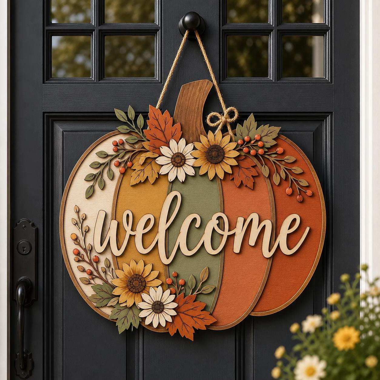 Custom Family Name Wooden Autumn Pumpkin Welcome Sign – Rustic Farmhouse Front Door Hanger for Fall Porch Decor and Thanksgiving Gift