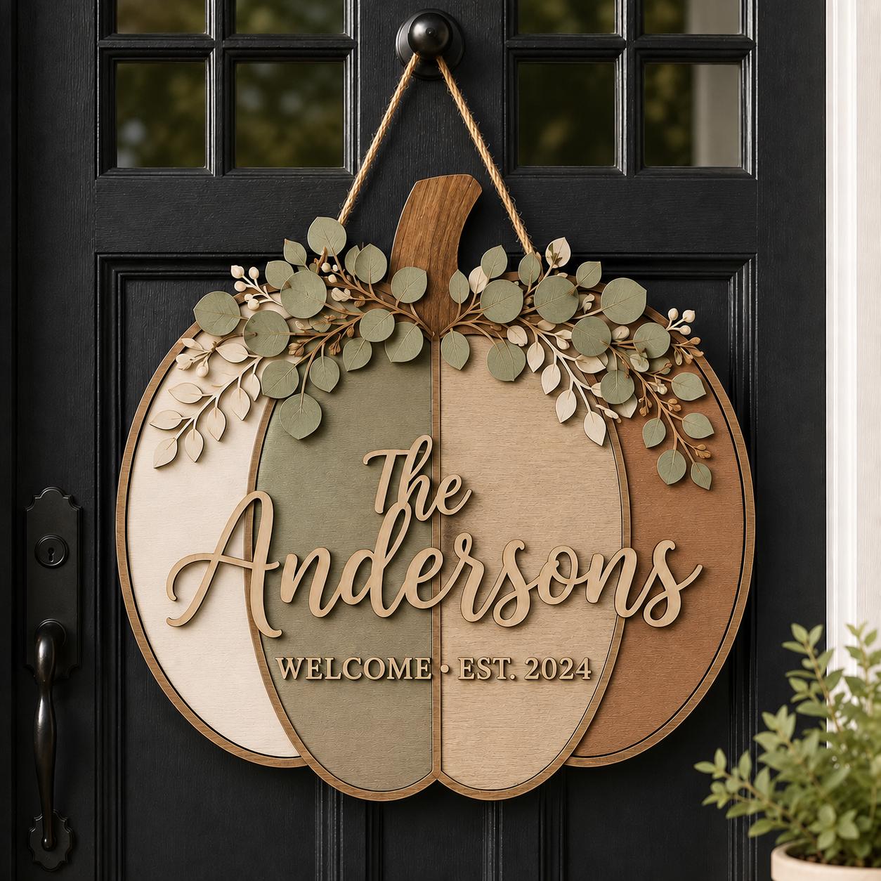 Custom Family Name Wooden Autumn Pumpkin Welcome Sign – Rustic Farmhouse Front Door Hanger for Fall Porch Decor and Thanksgiving Gift - photo 2
