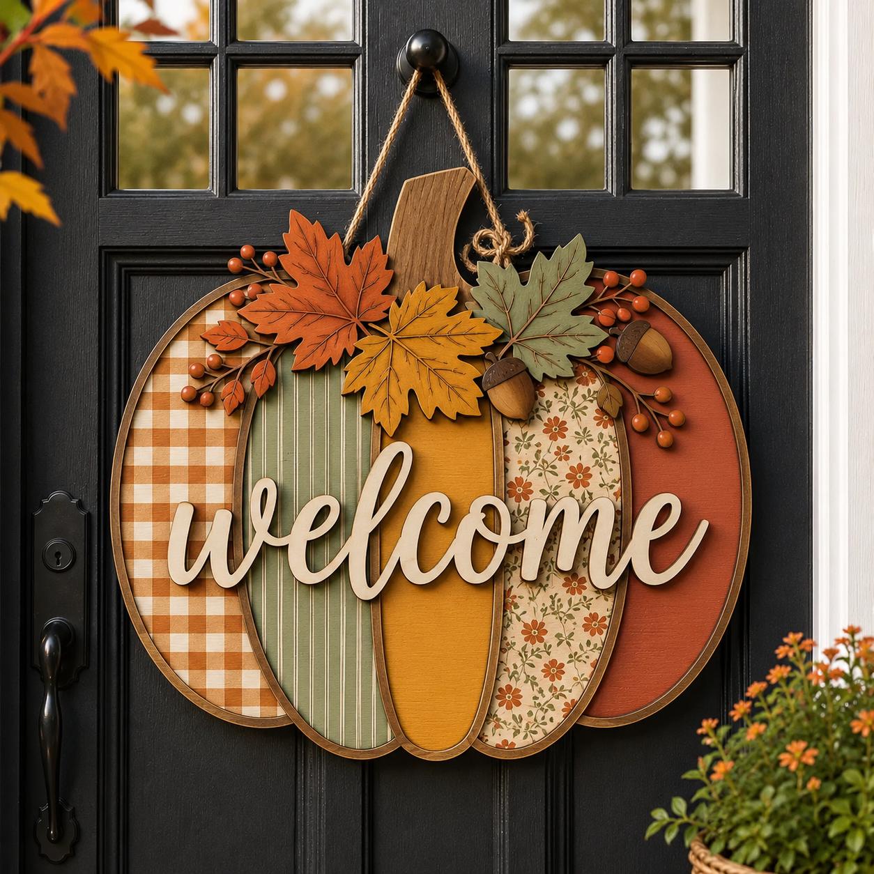 Custom Family Name Wooden Autumn Pumpkin Welcome Sign – Rustic Farmhouse Front Door Hanger for Fall Porch Decor and Thanksgiving Gift - photo 3