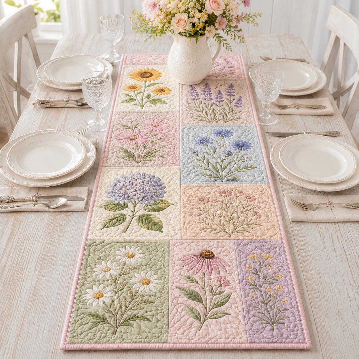Pastel Floral Quilt Table Runner – Spring Wildflower Patchwork Dining Runner for Botanical Cottagecore Table Decor